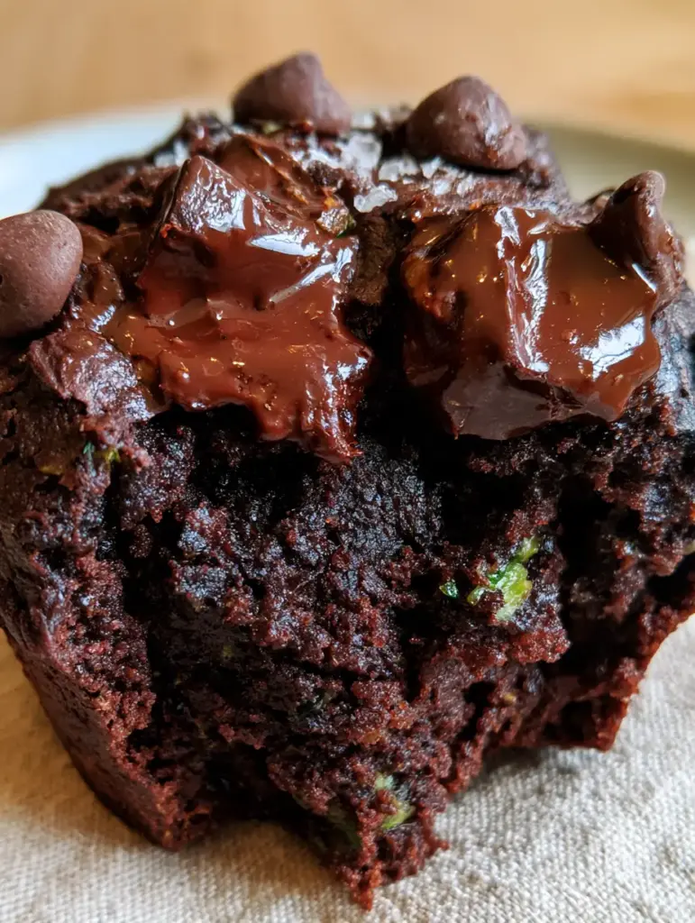Macro photo of a broken-open chocolate zucchini muffin showing a moist fudgy crumb and microscopic green flecks. (chocolate zucchini muffins)