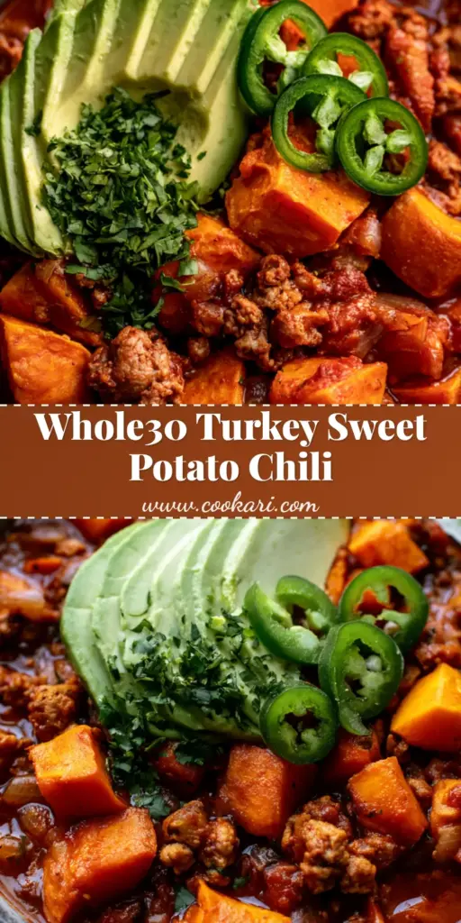 A top-down shot of Turkey sweet potato chili in a charcoal bowl with roasted potato cubes, seared turkey, avocado, and jalapeños.