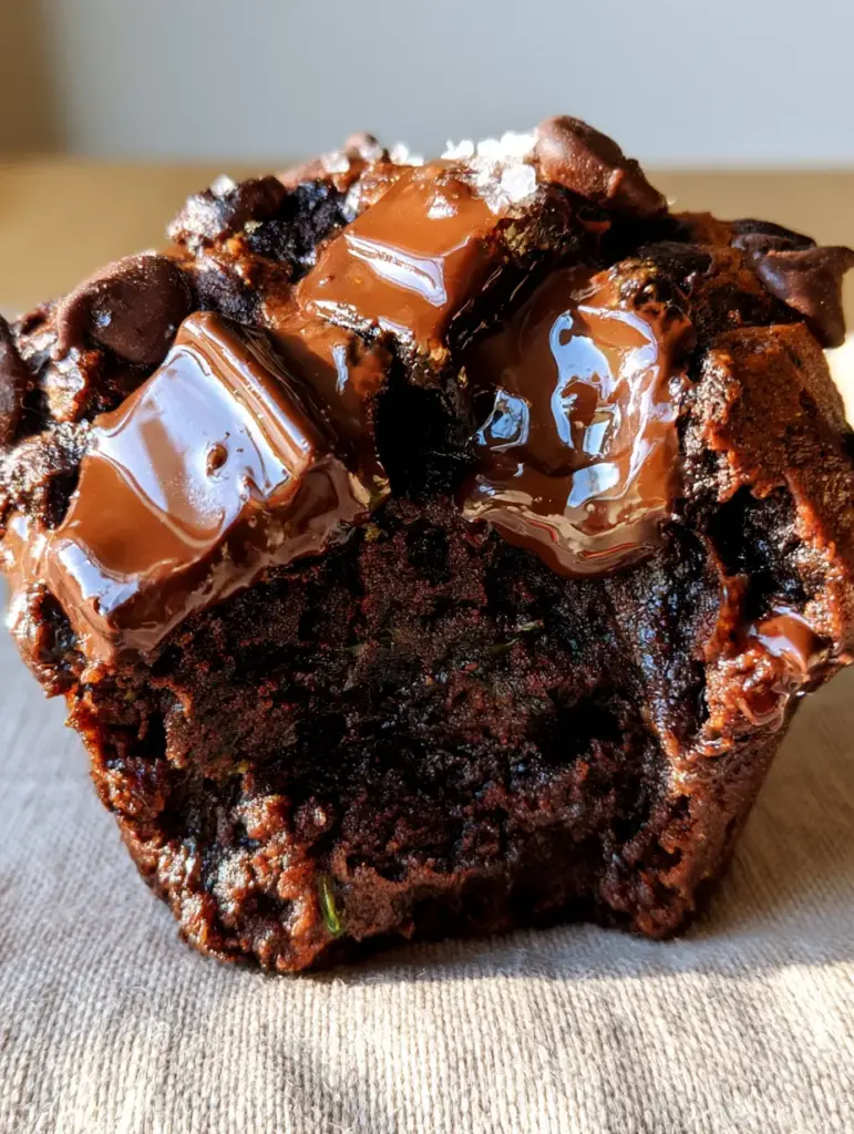 A macro view of a craggy muffin top with glistening melted chocolate chunks and flaky sea salt.