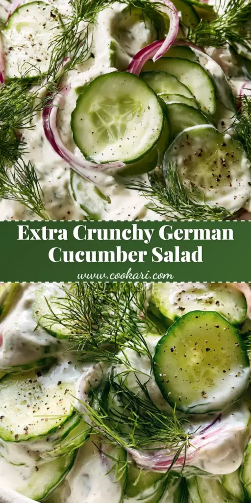 A tall Pinterest pin showing a creamy cucumber dill salad in a white ceramic bowl with fresh dill sprigs and cracked pepper.