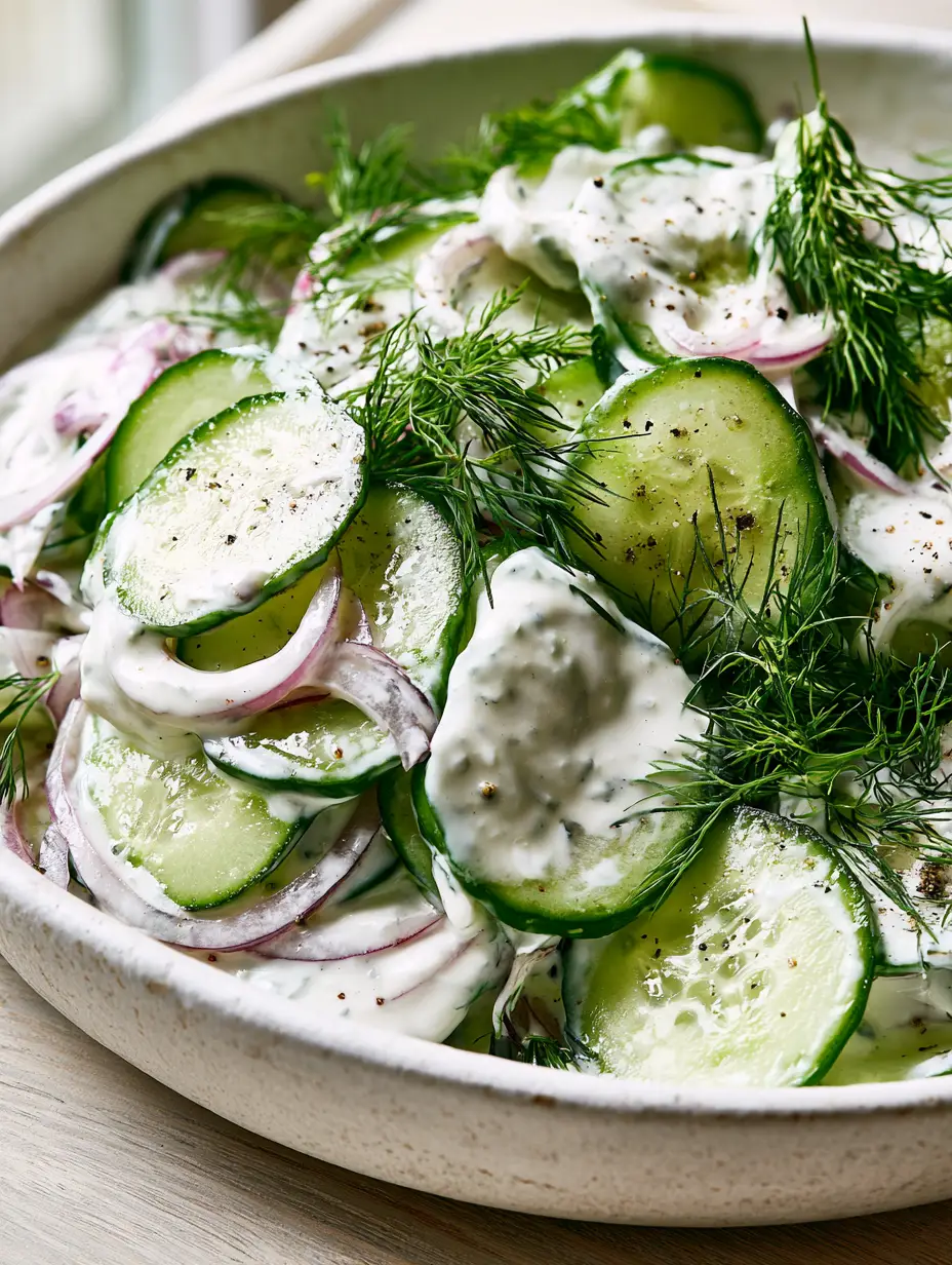 Close-up of paper-thin cucumber slices and translucent red onions in a thick white cream dressing. (cucumber dill salad)