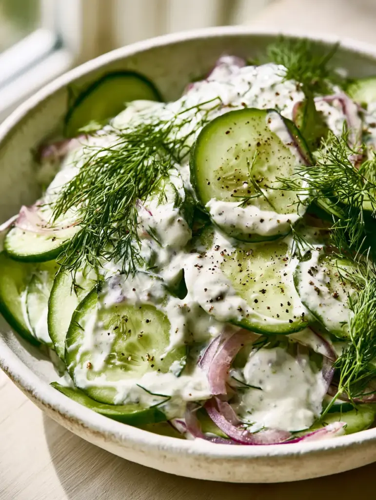 A bright, airy photo of German cucumber dill salad featuring vibrant green skins and fresh dill in a matte ceramic bowl.