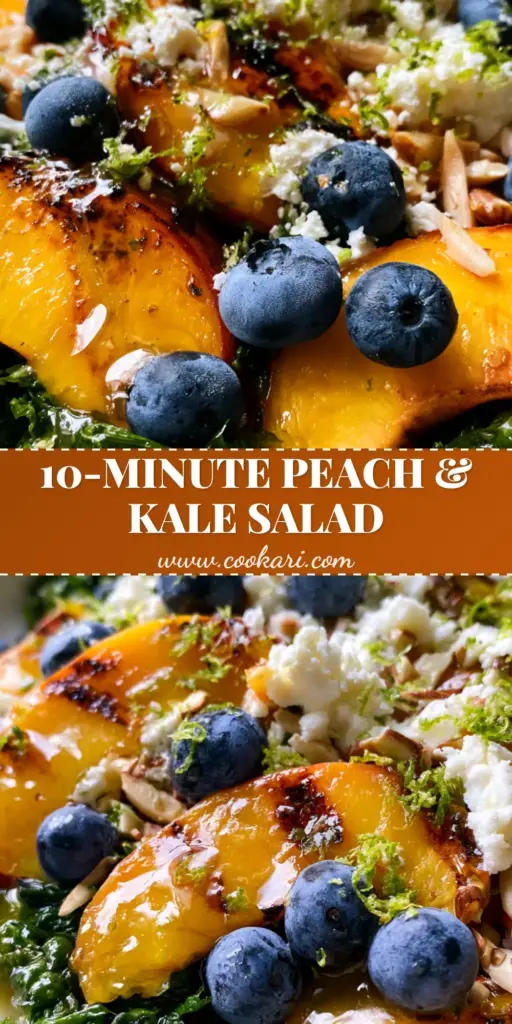 A tall, Pinterest-optimized view of a Summer Peach Blueberry Kale Salad featuring charred peaches, blueberries, and goat cheese in a white ceramic bowl.