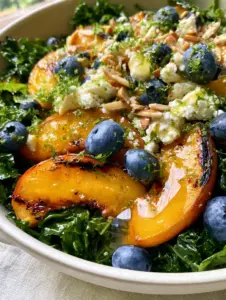 Macro shot of massaged emerald kale topped with charred peach wedges and glossy honey lime drizzle. (Summer Peach Blueberry Kale Salad)