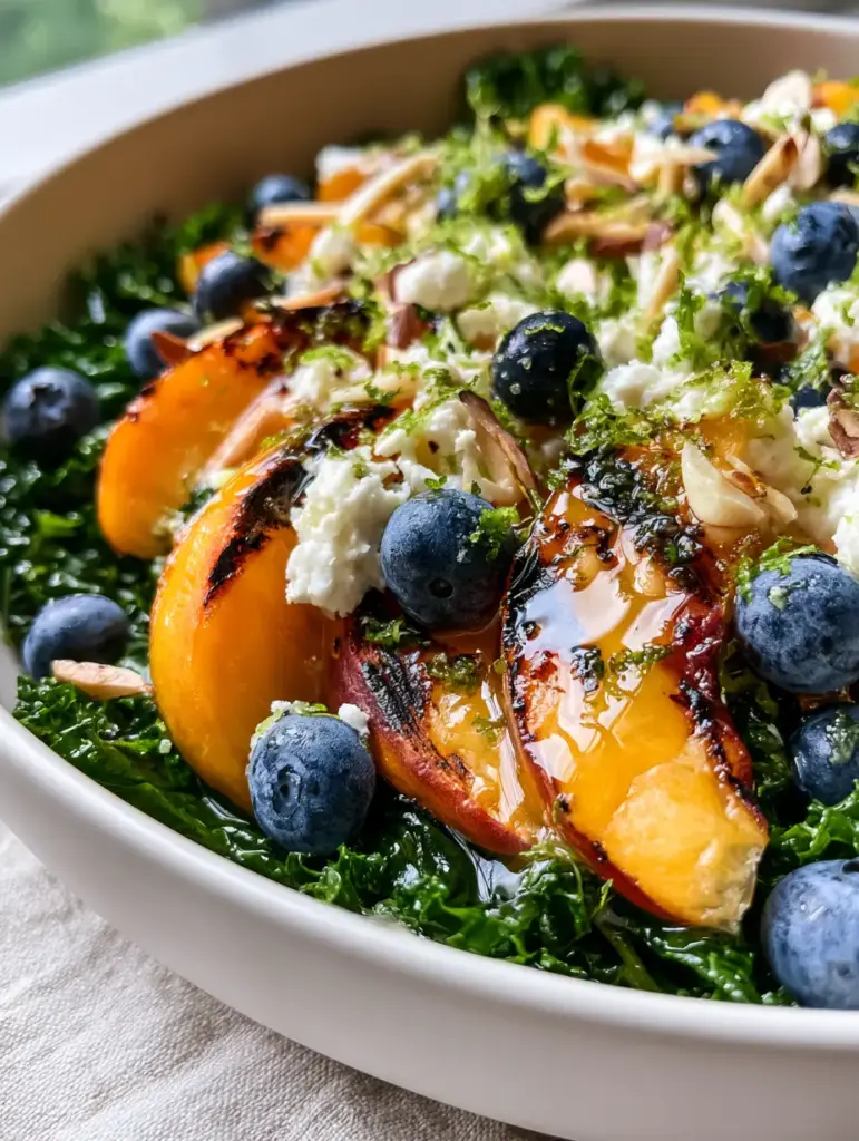 Top-down view of the Summer Peach Blueberry Kale Salad showing creamy goat cheese and toasted almonds.