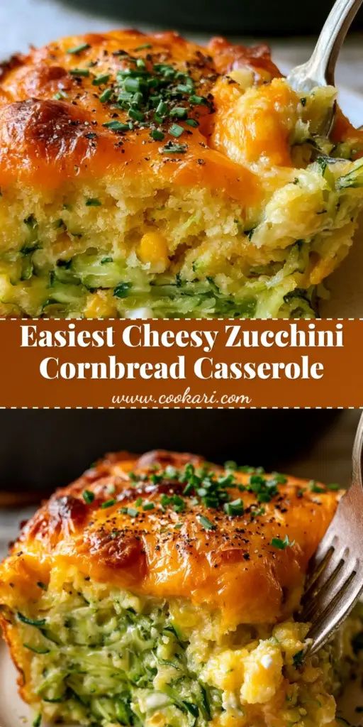 A square slice of Zucchini Cornbread Casserole with bubbling cheddar cheese and fresh chives on a rustic plate. (Zucchini Cornbread Casserole)