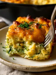 Macro shot of Zucchini Cornbread Casserole showing a moist interior and bubbling golden-brown cheese crust. (Zucchini Cornbread Casserole)