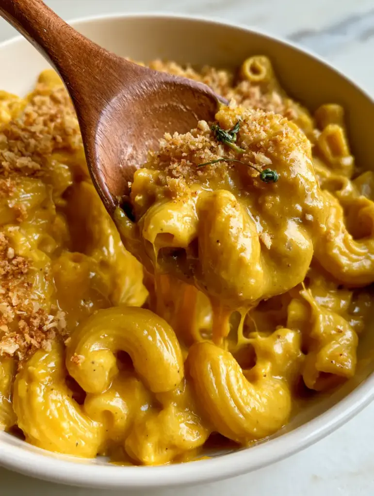 Overhead view of Veggie Mac and Cheese garnished with toasted panko and micro-chives.