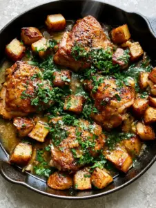 Top-down view of a cast iron skillet with golden-brown chicken thighs and cubed potatoes. (One pan meals)