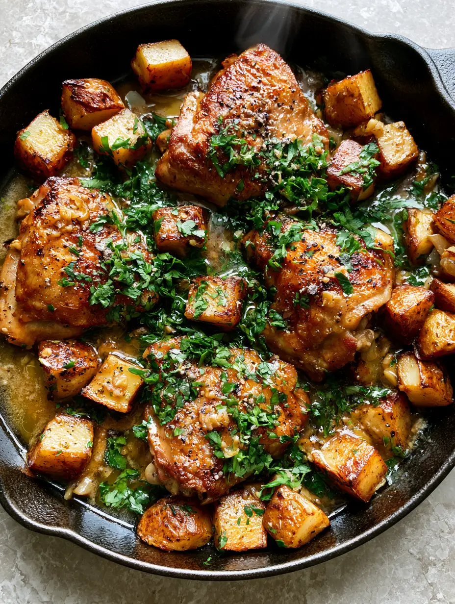 Top-down view of a cast iron skillet with golden-brown chicken thighs and cubed potatoes. (One pan meals)