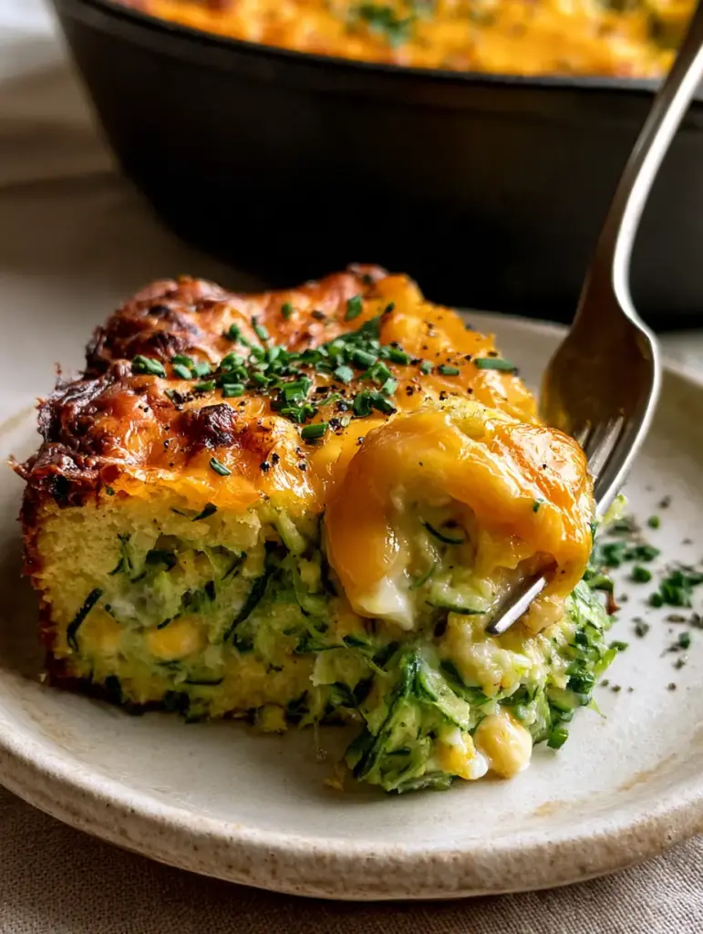 A silver fork pulling a bite out of a cheesy Zucchini Cornbread Casserole slice with visible zucchini shreds. (Zucchini Cornbread Casserole)