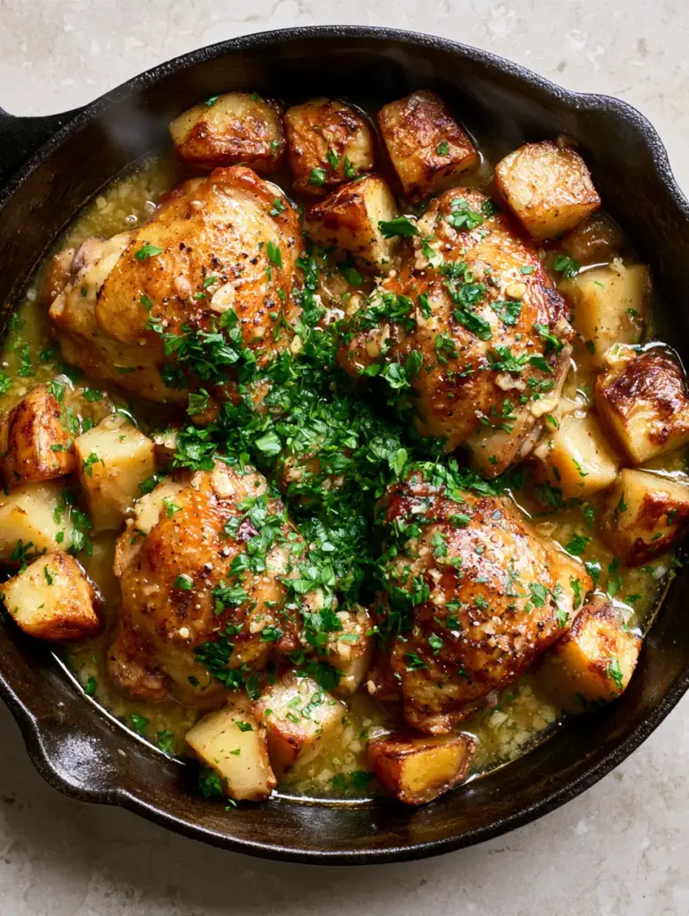 Close-up of crispy potatoes and sautéed garlic bits in a cast iron pan.