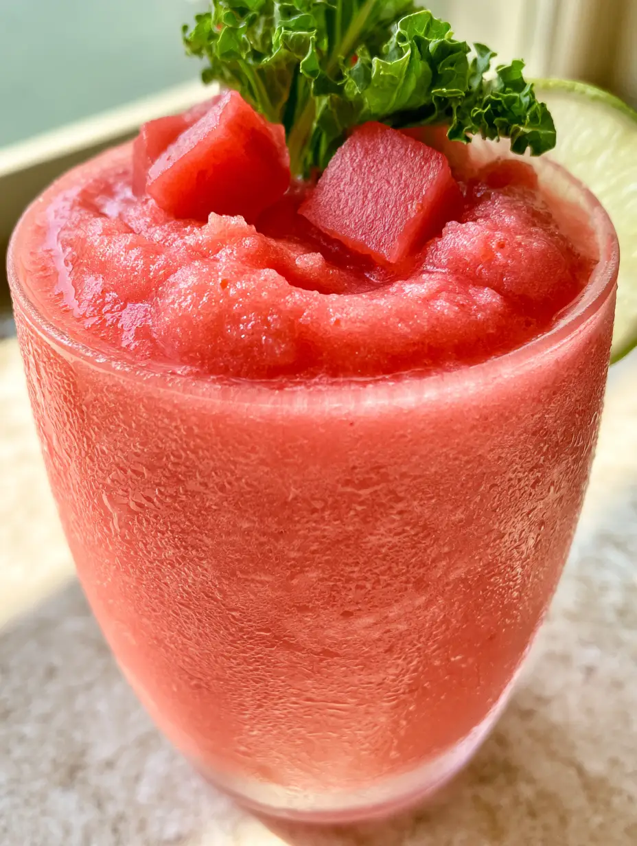 Macro close-up of a slushy watermelon smoothie with lime zest and mint. (watermelon smoothie)