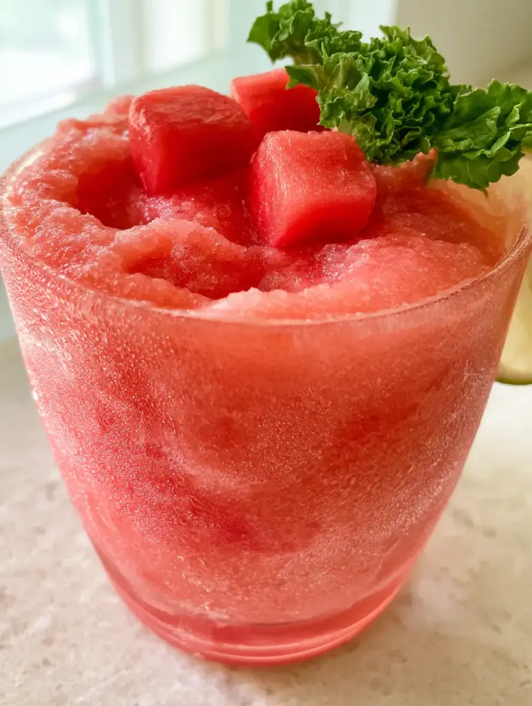 Condensation droplets on a frosted glass filled with thick watermelon smoothie.