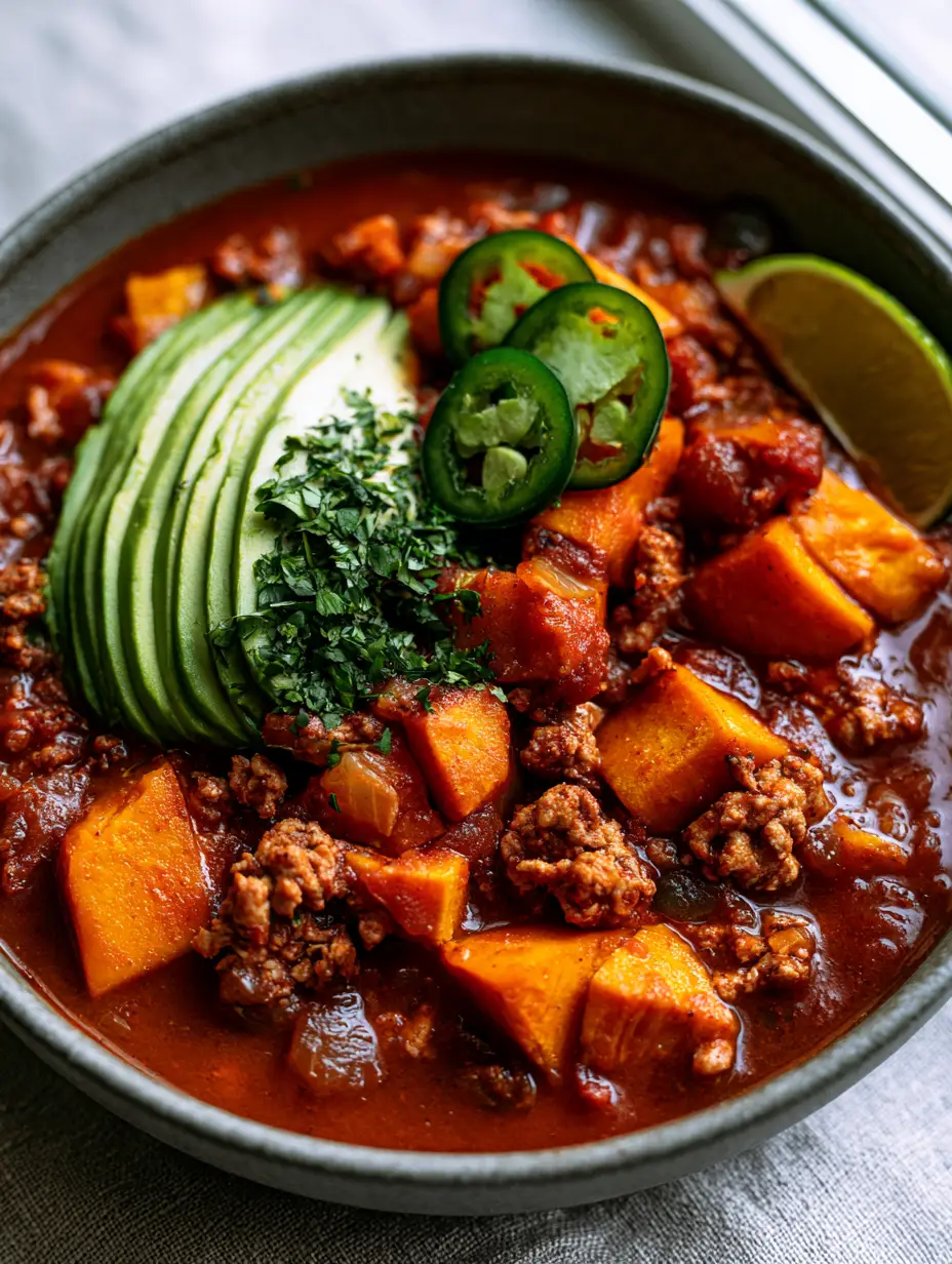 Close up of Turkey sweet potato chili showing the thick tomato base and roasted orange sweet potato cubes.