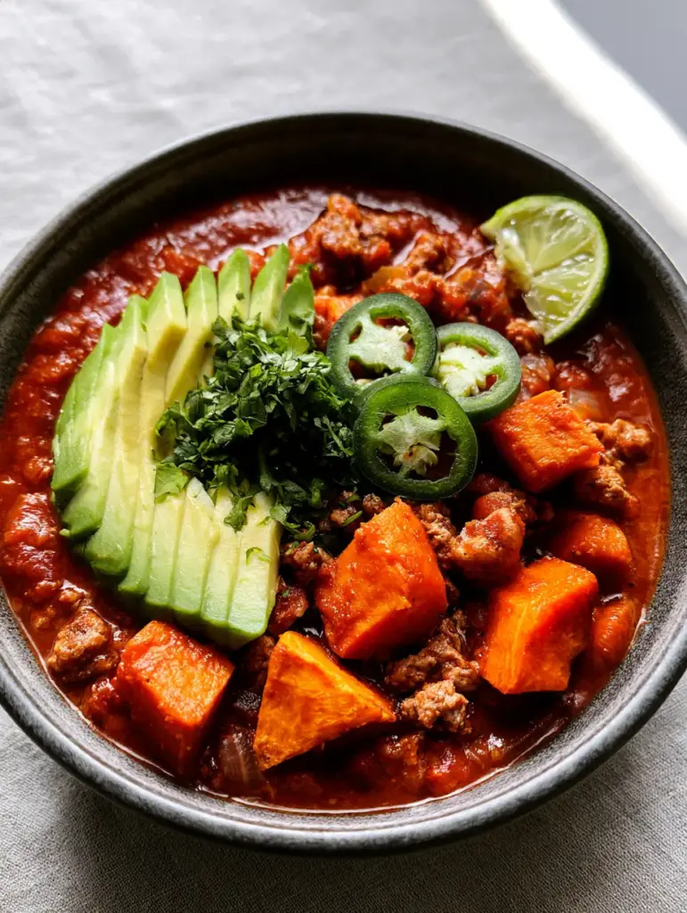 Top-down view of Turkey sweet potato chili garnished with fresh avocado slices and green jalapeños on a grey linen background.