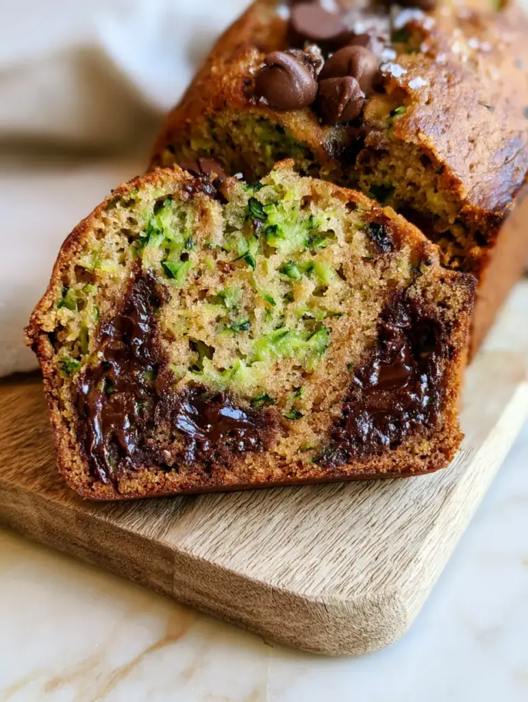 Close-up of a thick slice of gluten free zucchini bread with visible pools of melted dark chocolate and green zucchini shreds on a rustic board.
