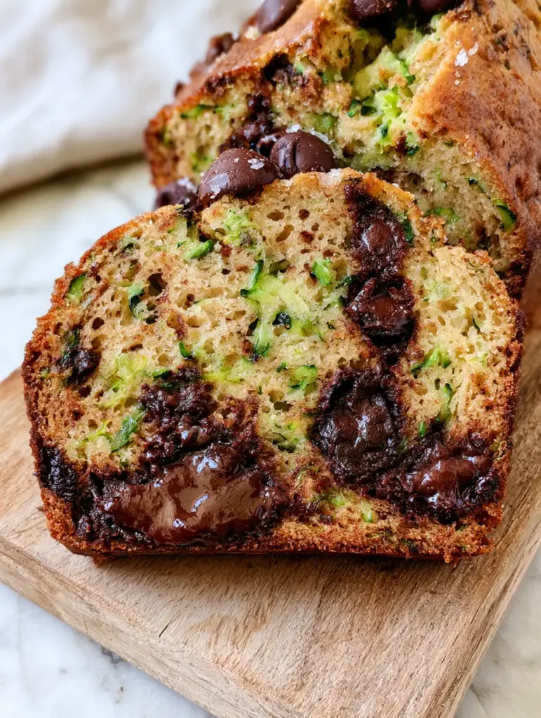 Top-down view of gluten free zucchini bread showing a caramelized golden-brown crust and flaky sea salt topping.