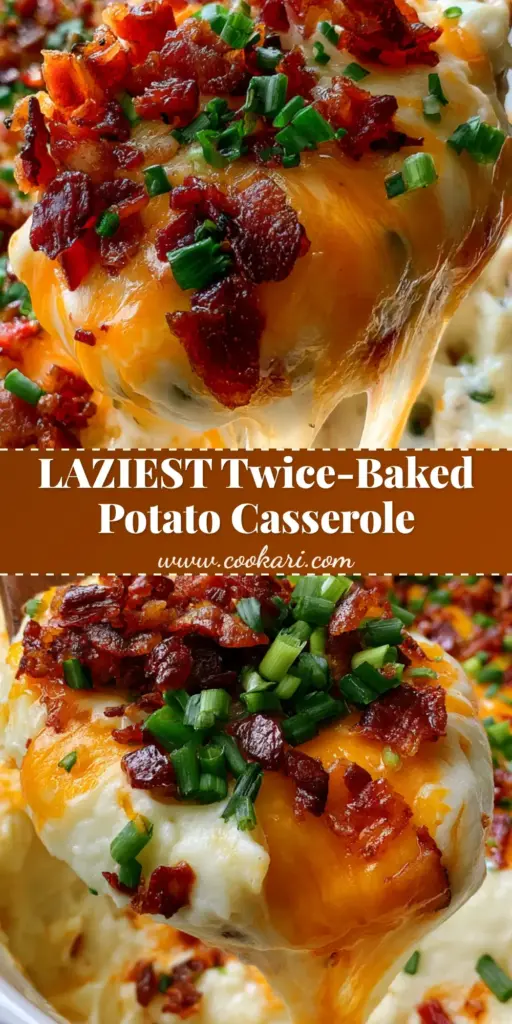A high-angle photo showing a wooden spoon lifting a scoop of loaded twice-baked potato casserole from a white dish, featuring a thick cheese pull, mahogany bacon bits, and green scallions.