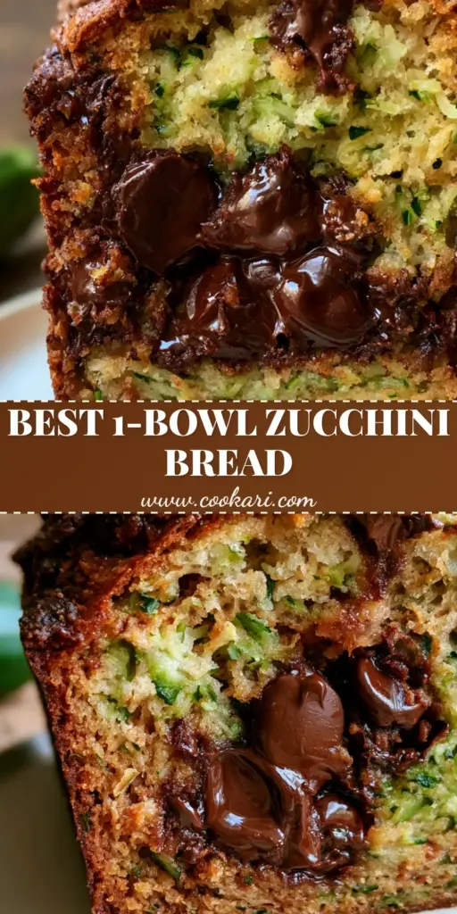 Zucchini Bread with Dark Chocolate Chunks and Crinkle Crust 4 A thick vertical slice of chocolate chip zucchini bread with a golden-brown crinkle crust and melted dark chocolate chunks on a cream plate. (Zucchini bread)