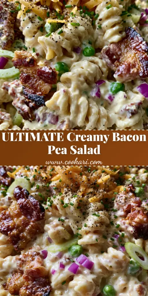 A close-up of a wooden spoon lifting a scoop of creamy bacon pasta salad with rotini, peas, and golden bacon bits.