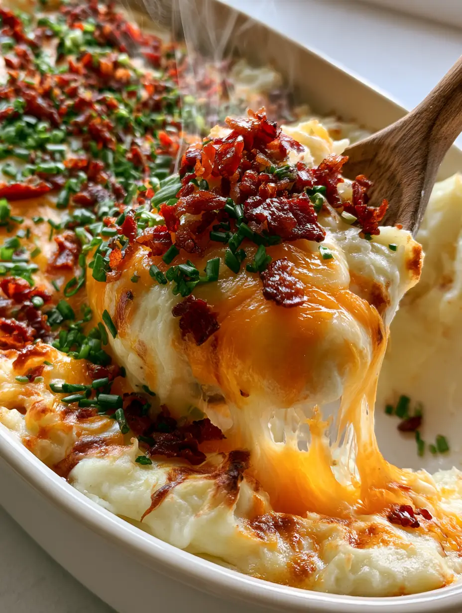 Extreme close-up of a loaded twice-baked potato casserole being served with a wooden spoon, showcasing melted sharp orange cheddar, Monterey Jack, and crispy bacon.