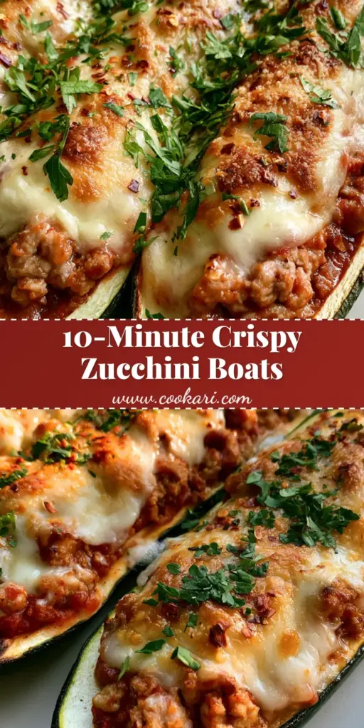 Three roasted Zucchini boat halves with browned ground turkey, marinara, and melted mozzarella on a matte white plate.