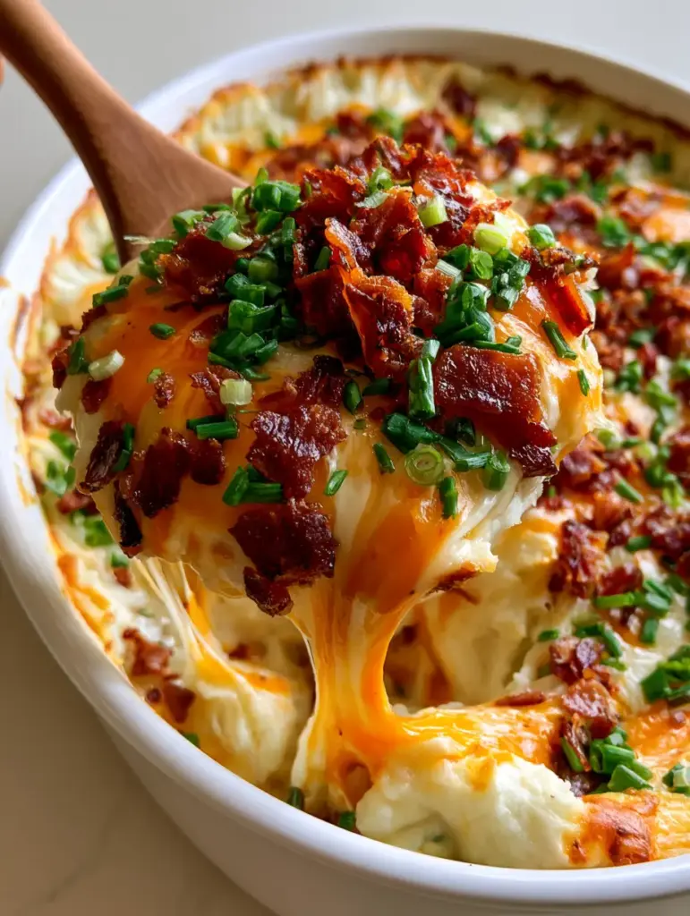 Close-up of bubbling melted cheese and mahogany-colored bacon bits on top of whipped potatoes in a ceramic dish.