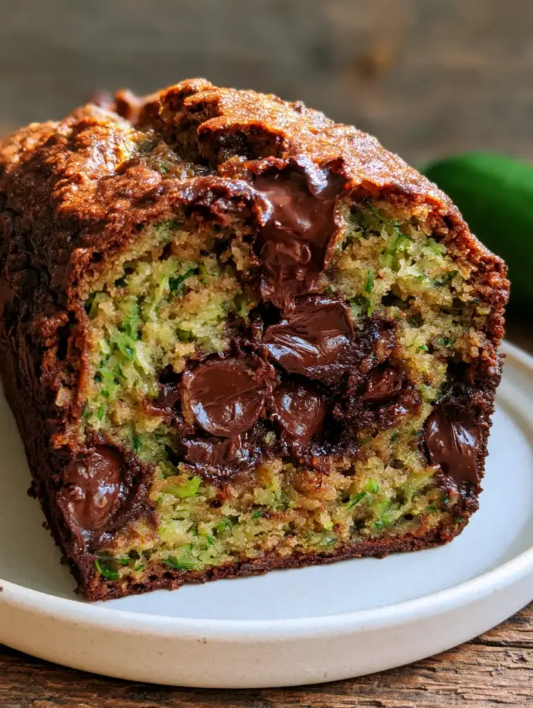 Close-up of a tender zucchini bread crumb with vibrant green flecks and oozing chocolate chips. (Zucchini bread)