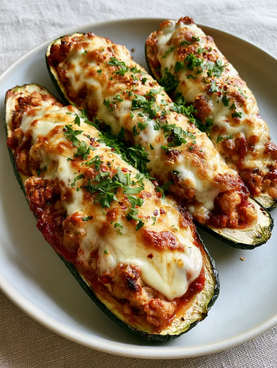 Close-up of Zucchini boats showing blistered edges and golden-brown toasted parmesan cheese.