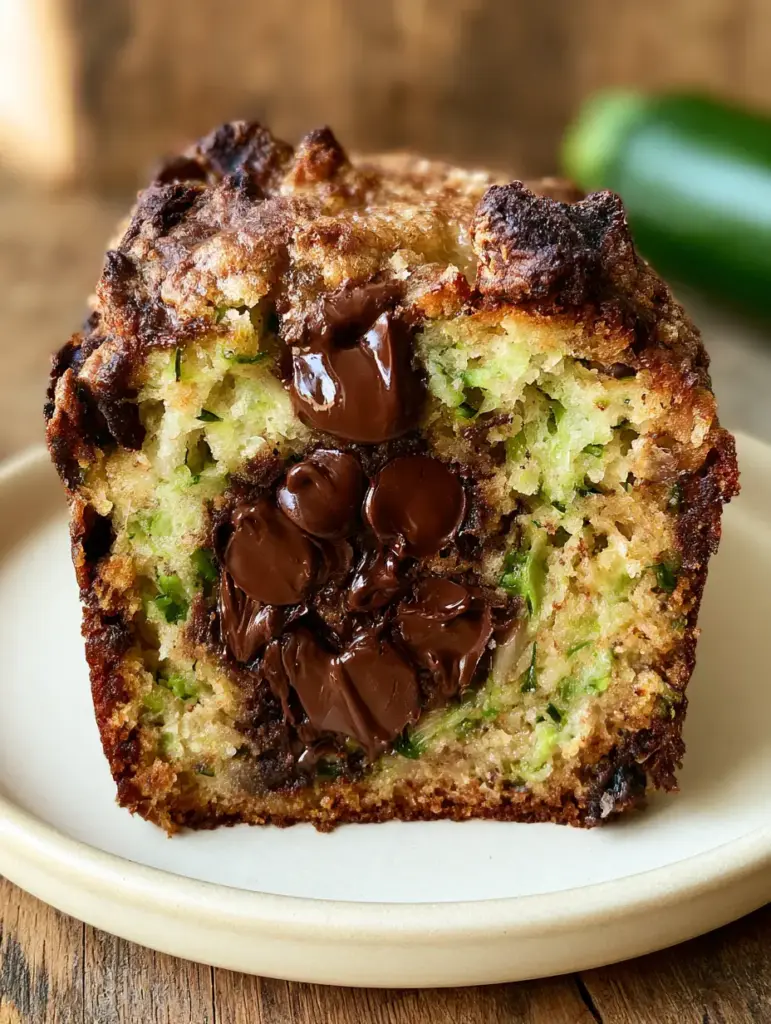 Zucchini Bread with Dark Chocolate Chunks and Crinkle Crust 1 Rustic wooden table featuring a slice of golden-brown zucchini bread on a ceramic plate with melted dark chocolate chunks.