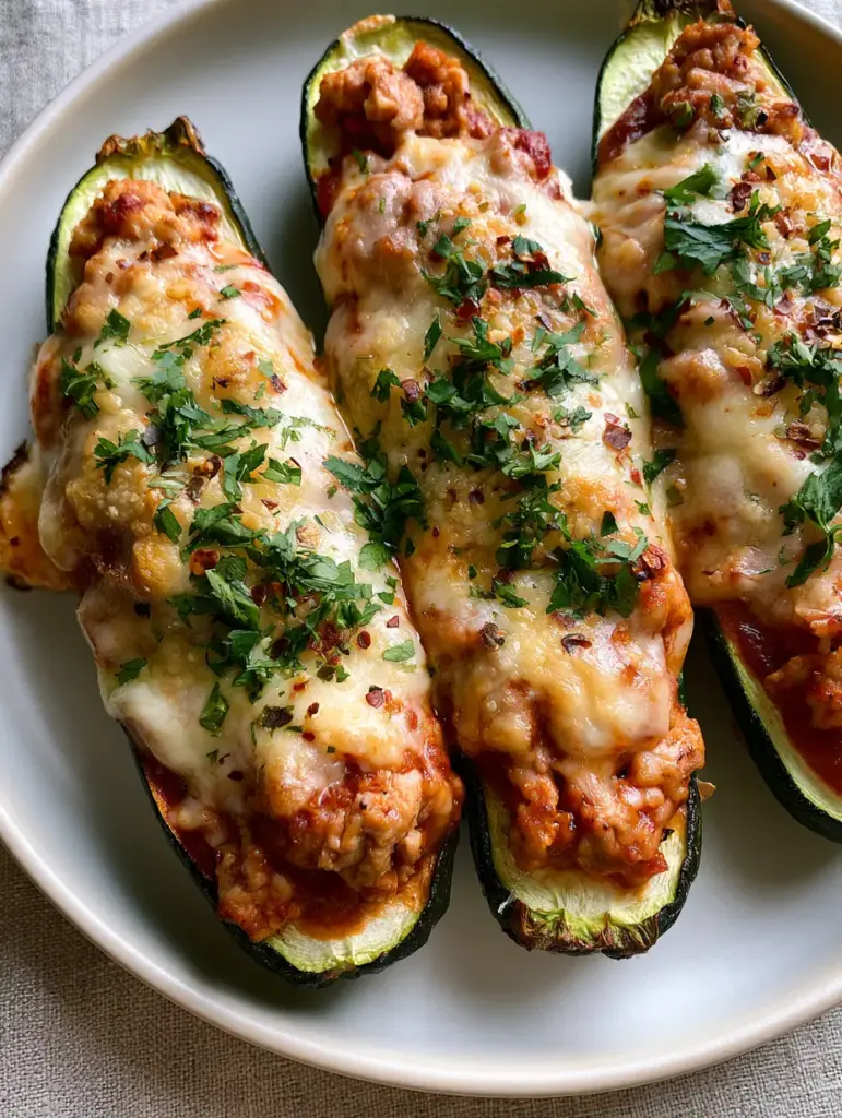 High-angle shot of three Zucchini boats garnished with fresh parsley and red chili flakes on a linen tablecloth.