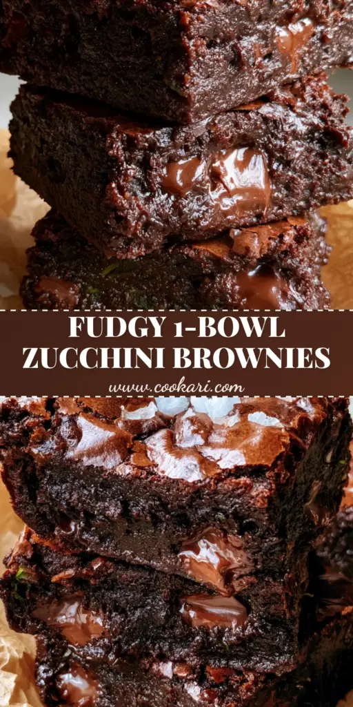A stack of thick, ultra-fudgy Zucchini Brownies on brown parchment paper with a shiny crinkle top and flaky sea salt.