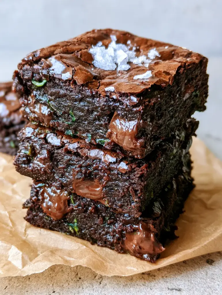 Close up of Zucchini Brownies showing deep cocoa cracks, glistening chocolate chunks, and tiny green zucchini shreds.