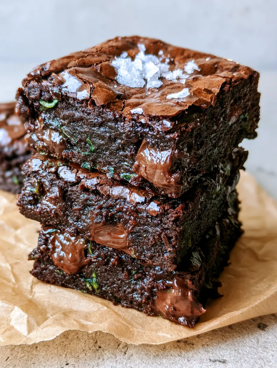 Close up of Zucchini Brownies showing deep cocoa cracks, glistening chocolate chunks, and tiny green zucchini shreds.
