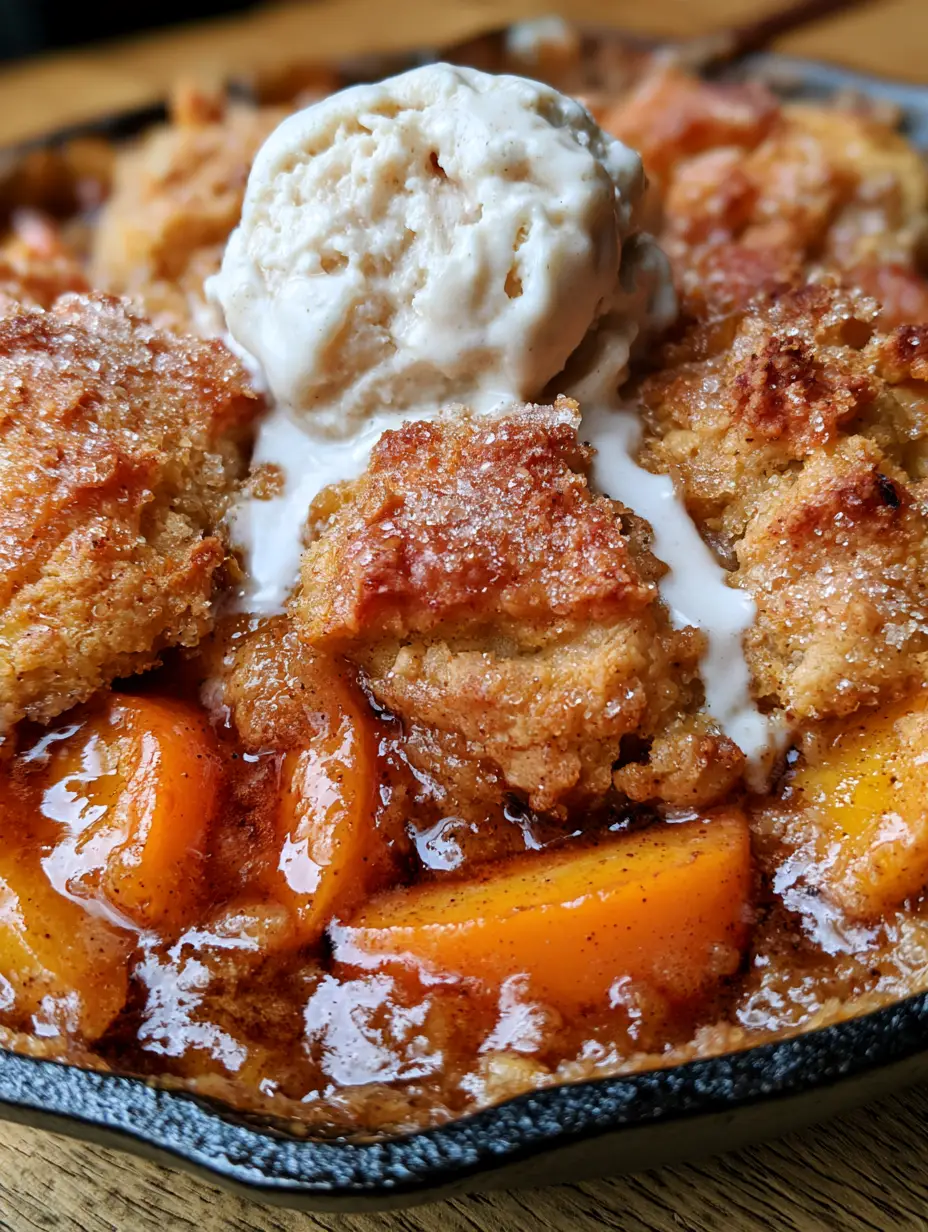 Extreme macro close-up of Vegan Peach Cobbler showing bubbling amber syrup and crispy crust edges.