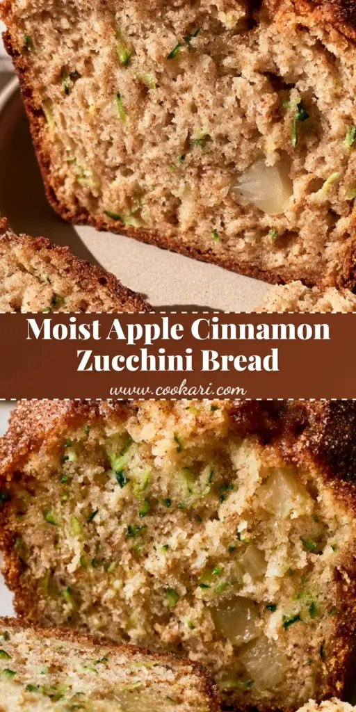 A thick slice of Apple cinnamon zucchini bread with a sparkling sugar crust and visible apple chunks on a ceramic plate.