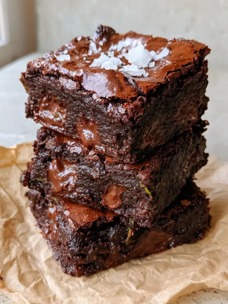 A handheld smartphone photo of thick Zucchini Brownies on a concrete background with soft natural morning light.