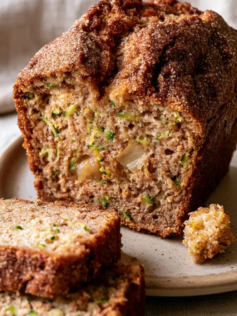 A rustic slice of Apple cinnamon zucchini bread showing the moist crumb and green zucchini shards.