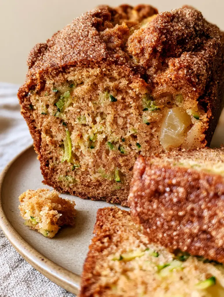Close up of the sparkling cinnamon sugar crust on the Apple cinnamon zucchini bread.