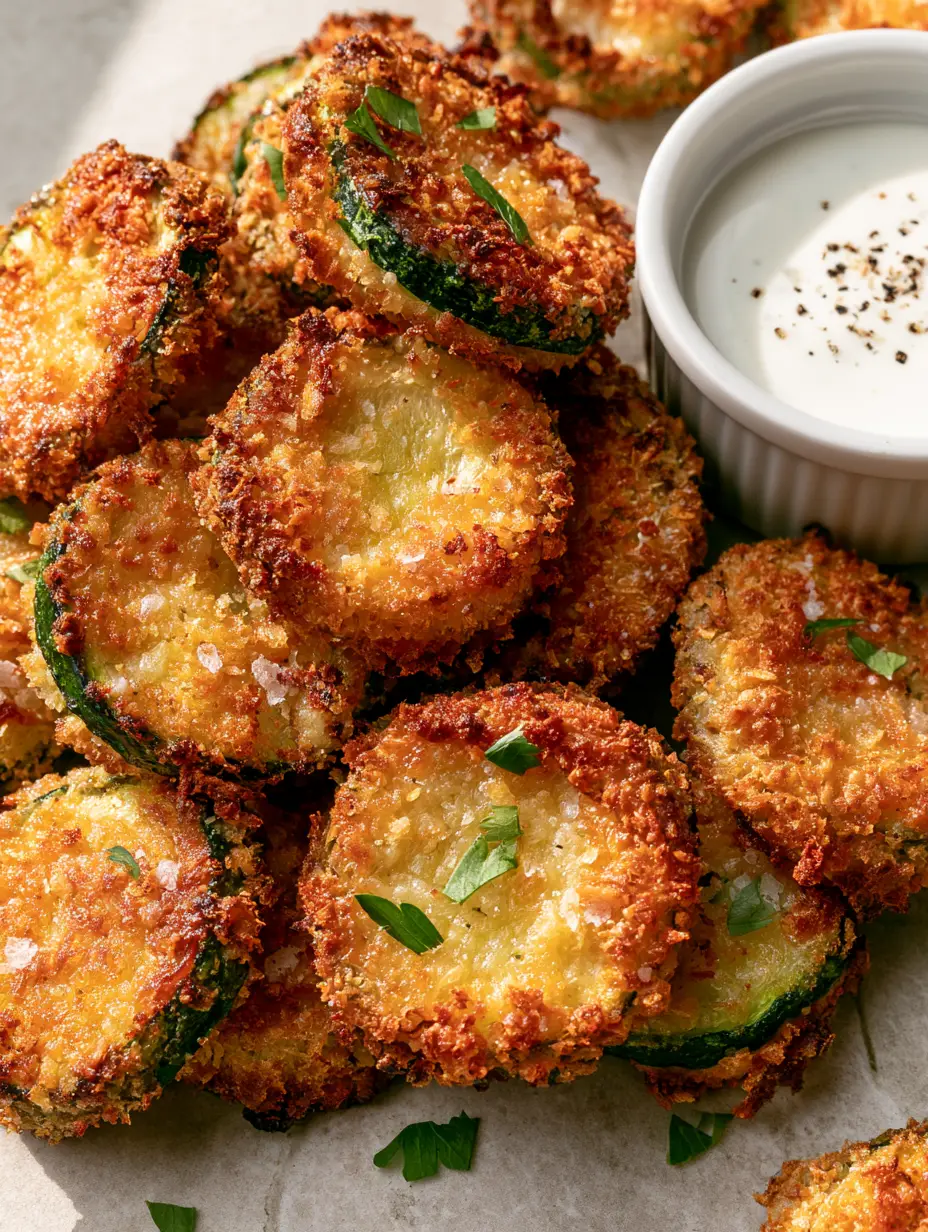 Top-down angled shot of air-fried zucchini rounds with a jagged panko crust and ranch dip. (Parmesan Zucchini Bites)