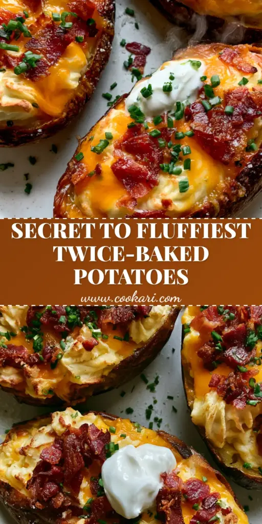 A close up shot of loaded Twice Baked Potatoes topped with bubbling sharp orange cheddar, crispy thick-cut bacon, and fresh chives with steam rising.