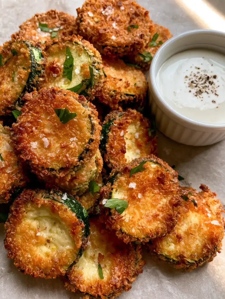 Extreme close-up of the crispy texture and melted Parmesan flakes on a zucchini round. (Parmesan Zucchini Bites)