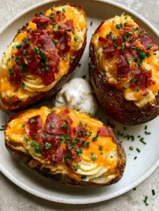 Top-down view of three Twice Baked Potatoes on a white ceramic plate with whipped buttery filling and melted cheese.