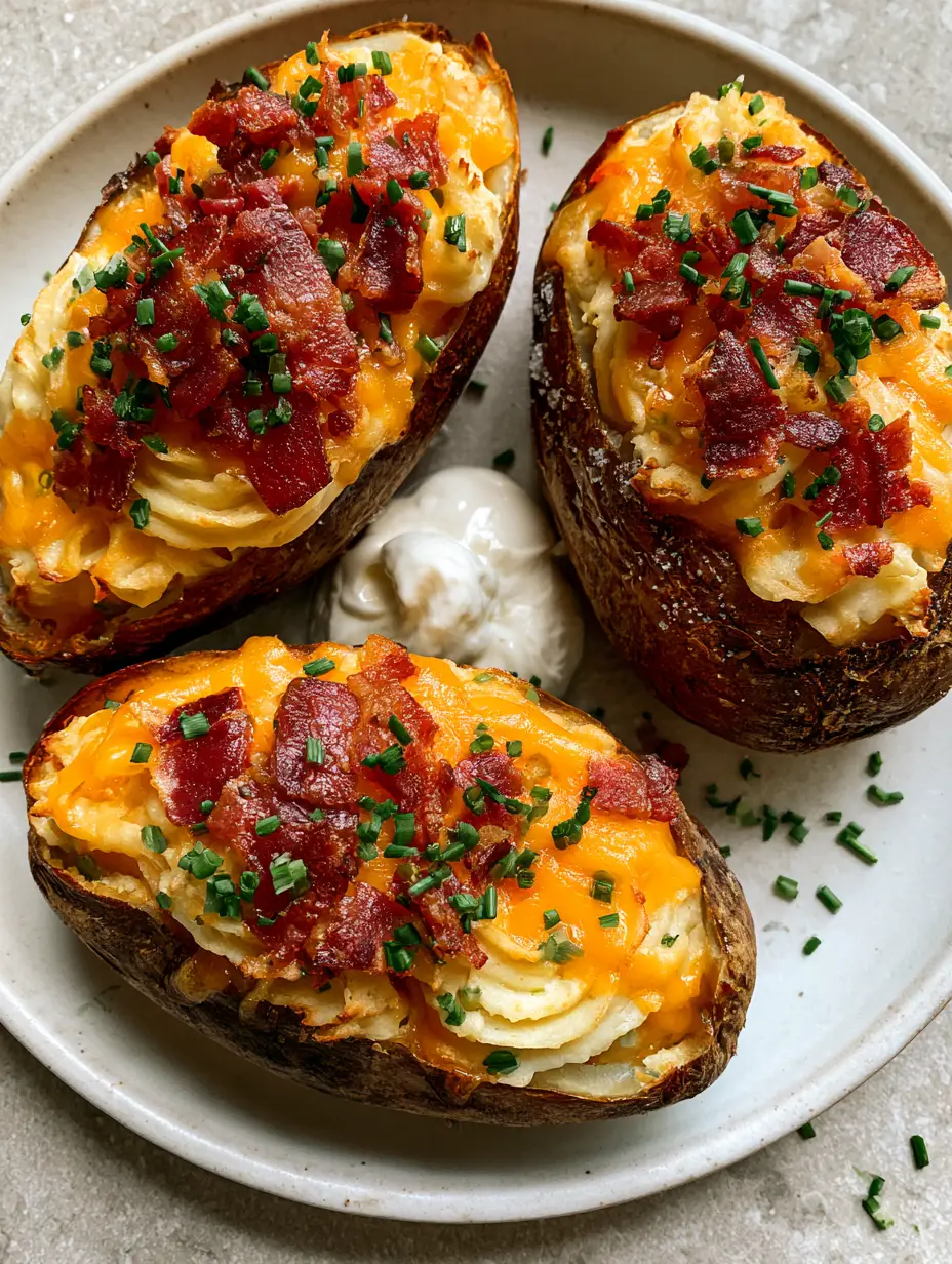 Top-down view of three Twice Baked Potatoes on a white ceramic plate with whipped buttery filling and melted cheese.