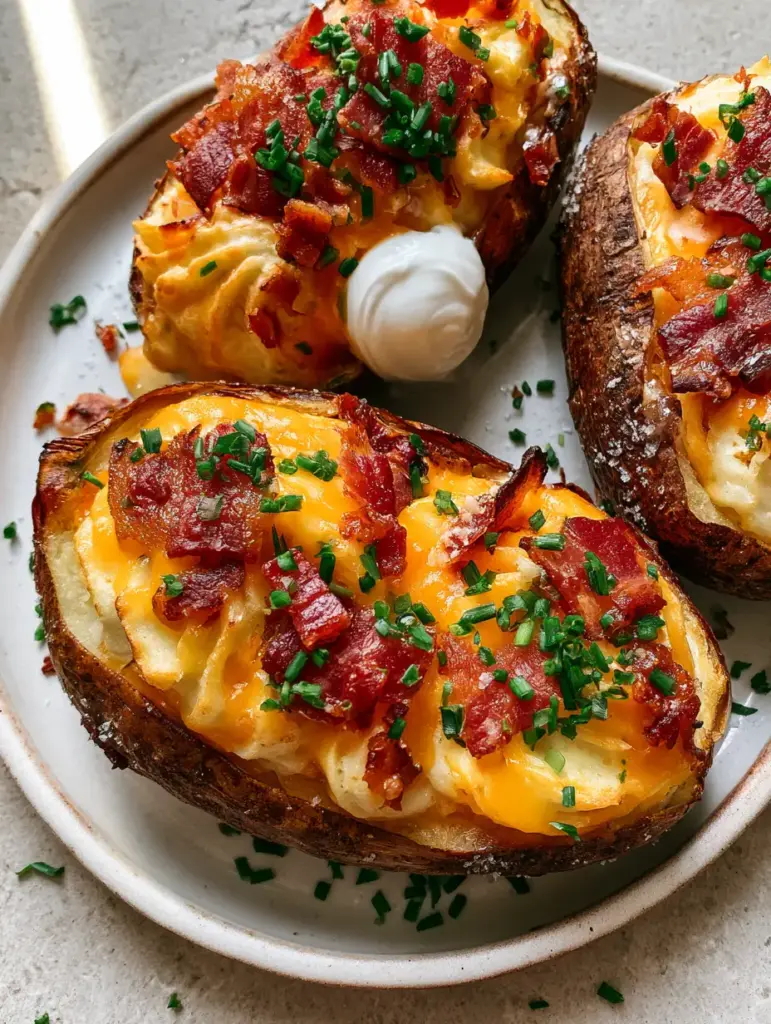 Close up of a Twice Baked Potato featuring a dollop of sour cream, vibrant green chives, and crispy bacon bits.