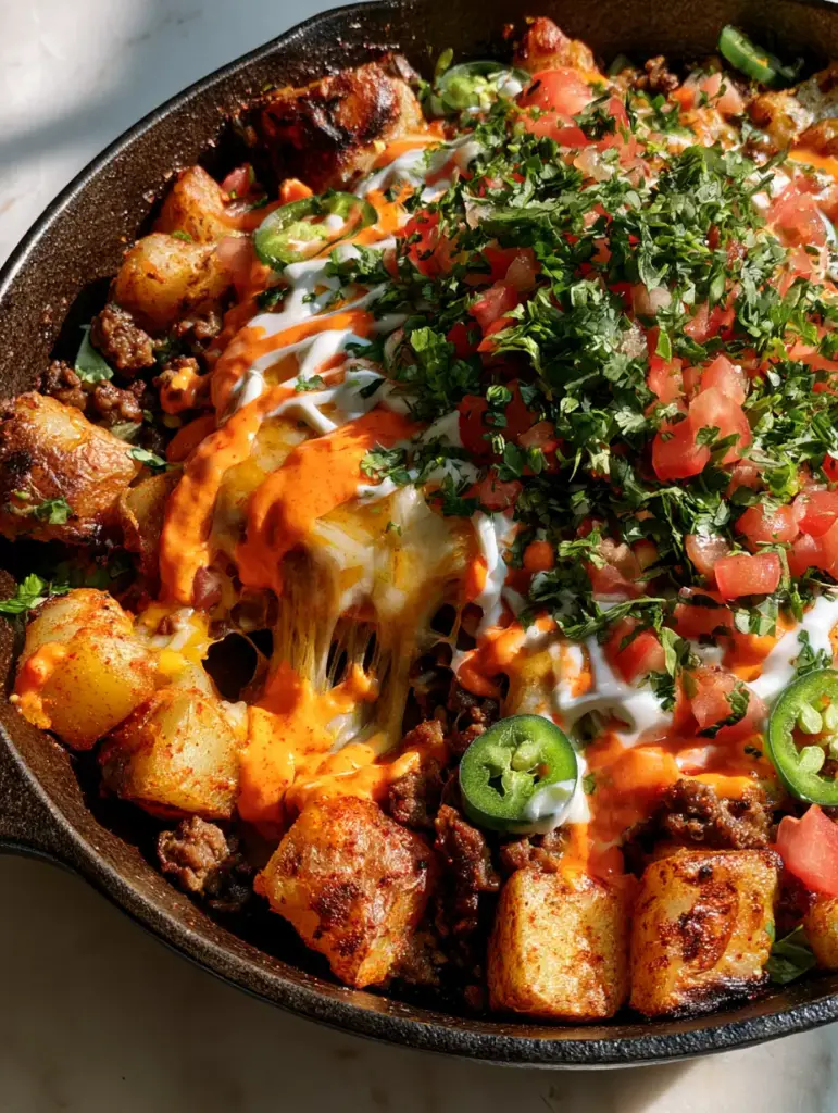 Stretchy cheese pulls from a skillet of Cheesy Taco Potatoes garnished with jalapeños and cilantro.