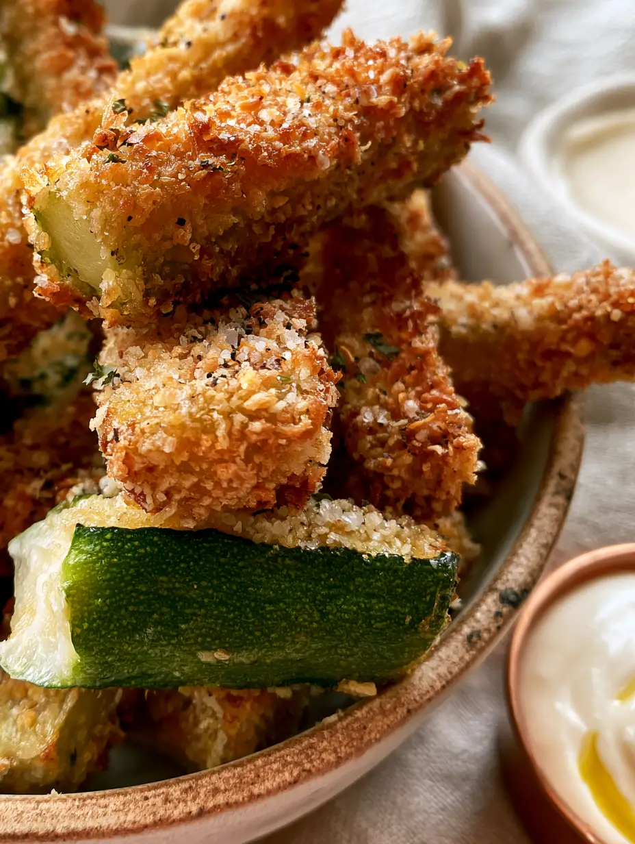Extreme close-up macro shot of crispy Garlic Parmesan Zucchini Fries showing breading texture. (Parmesan zucchini)