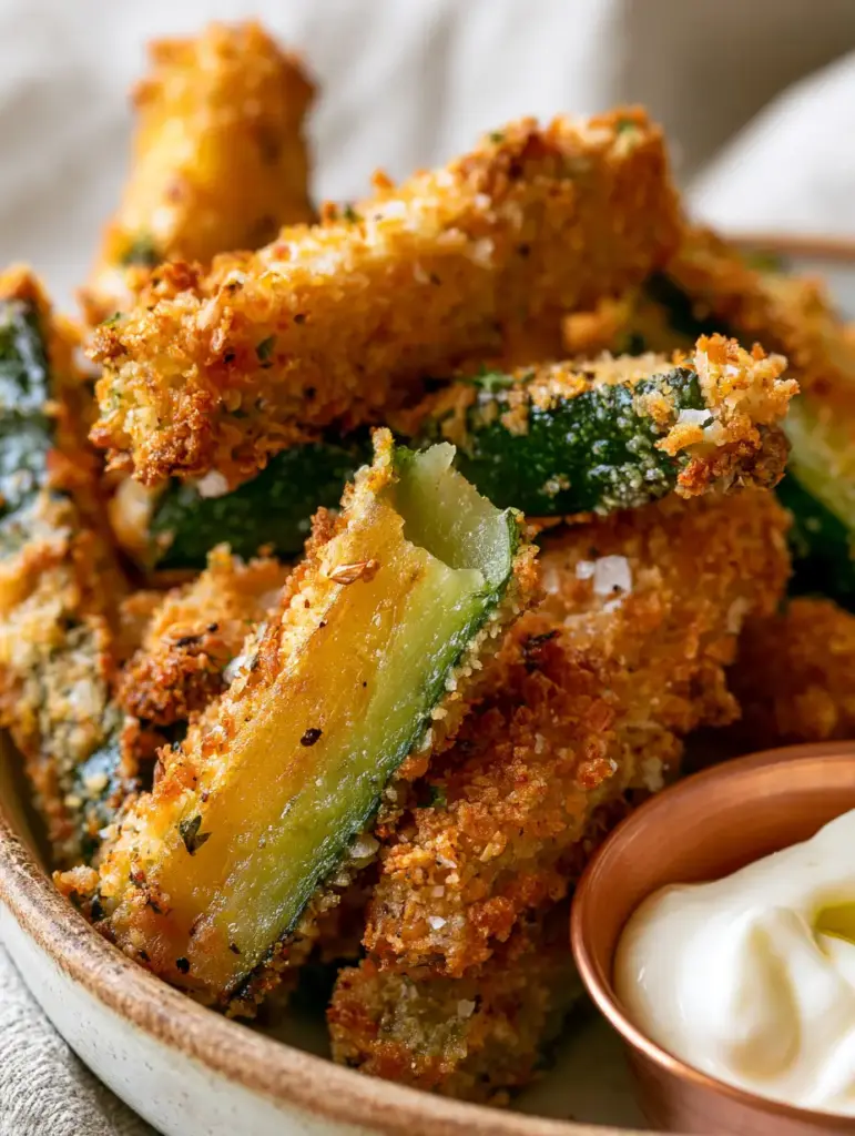 One Parmesan zucchini fry broken in half to show the steaming, bright emerald green interior.