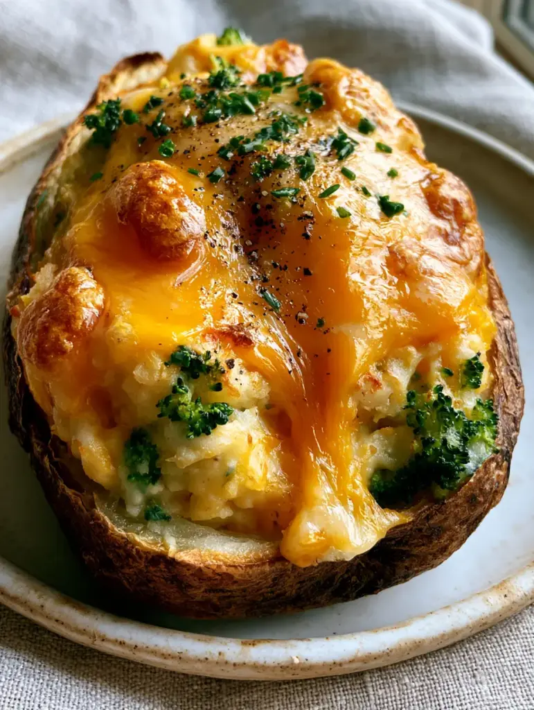 Macro shot of a twice baked potato split open with fluffy filling, vibrant broccoli, and melted cheese bubbles. (Broccoli and Cheese Twice Baked Potatoes)